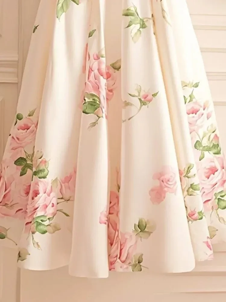 2025 Fashion New Flower Print White Skirts Vintage High Waist A-line Skirt For Women Mid-length Loose Faldas Mujer