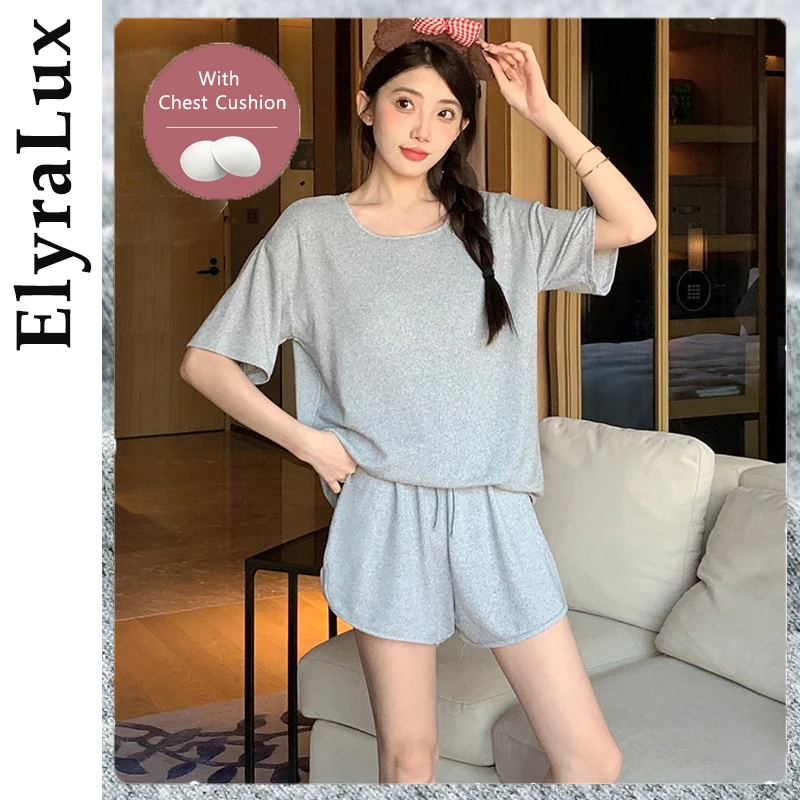 

ElyraLux Summer Women's Pajama Short Sleeve Shorts Two-Piece Set Yarn-Dyed Cloth Soft Loungewear Comfortable Sleepwear