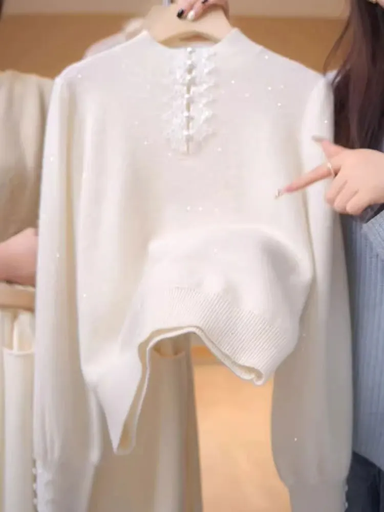 

Кружевной трикотаж в стиле ретро, расшитый бисером, мягкая уютная внутренняя одежда, свободная посадка, длинный свеч, чистый цвет, весна 2021, женская мода