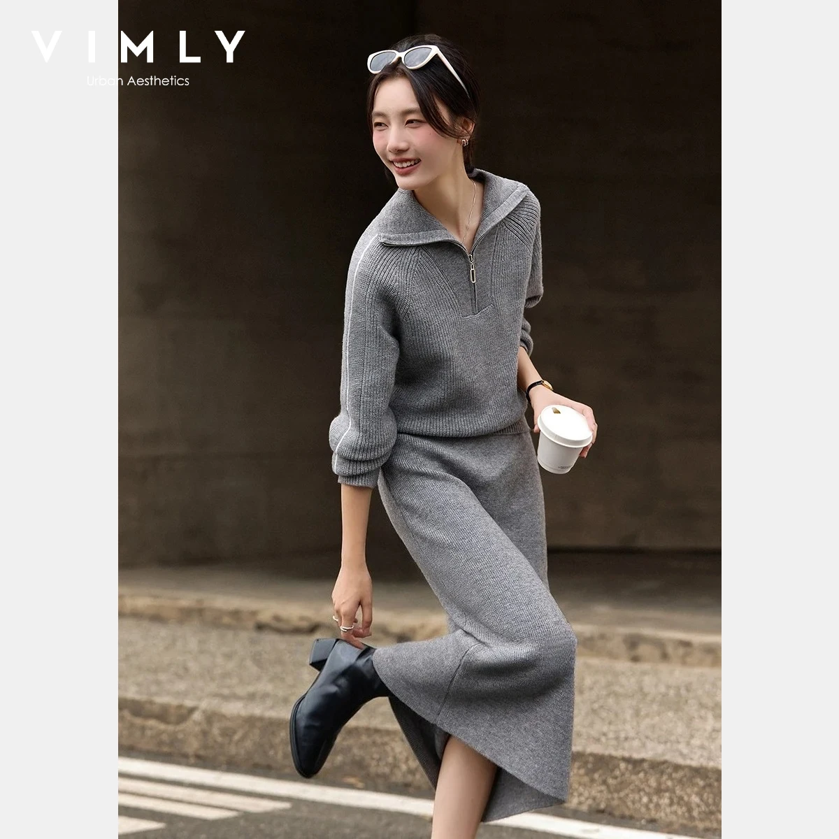 

VIMLY Women's Two Pieces Set 2025 Winter Lapel Collar Long Sleeve Top Straight Skirt Two-piece Set Knitting Woman Clothes 75199
