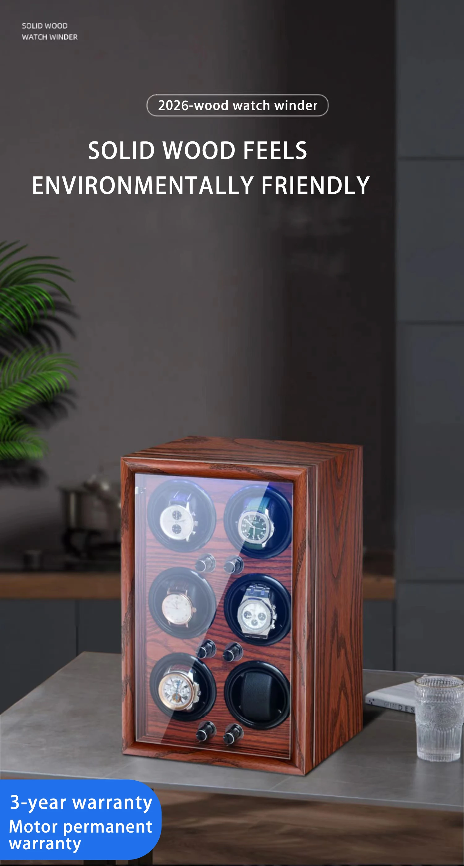 Mechanical Automatic Watch Winder Luxury Wood Watch Box Battery Installable With LED Light And Lid Sensor Watches Storage Box