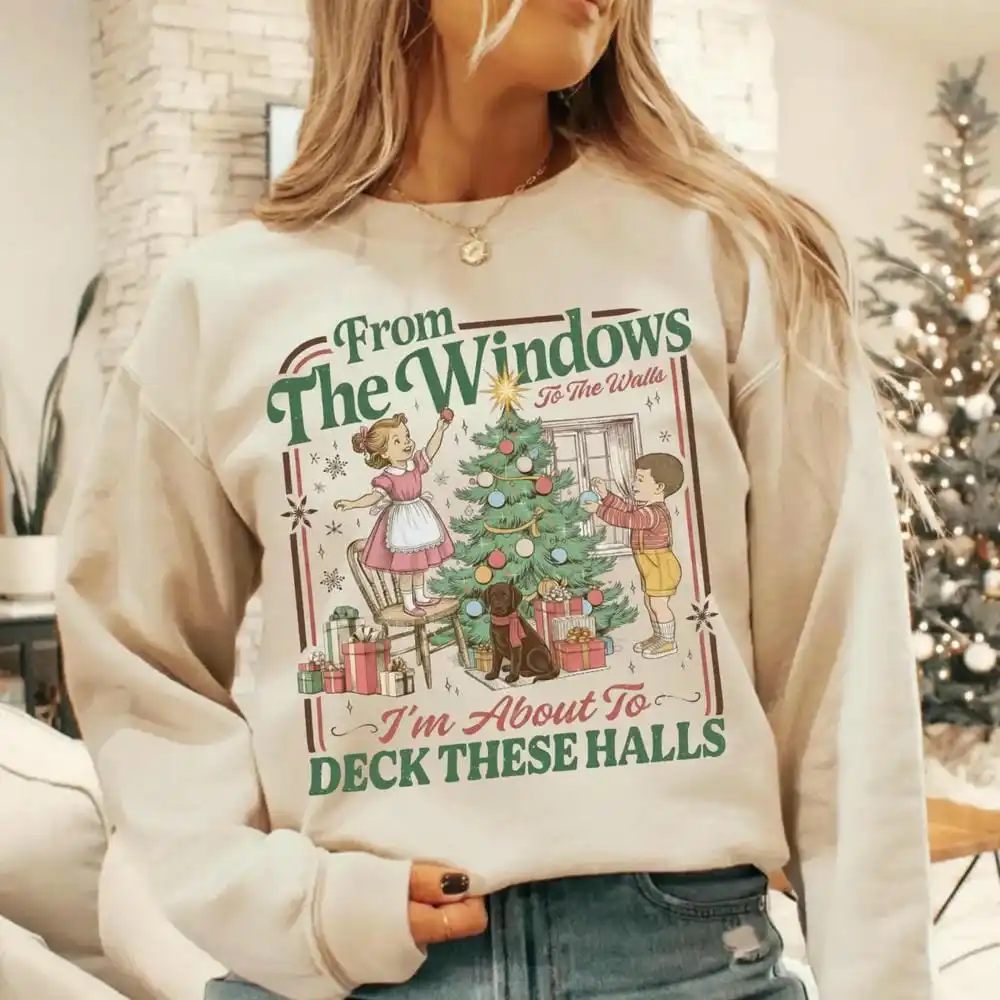 Von den Fenstern bis zu den Wänden, ich bin zum Deck. Diese Hallen-Sweatshirt, Vintage-Weihnachts-Unisex-Pullover, langärmelige Y2K-Pullover