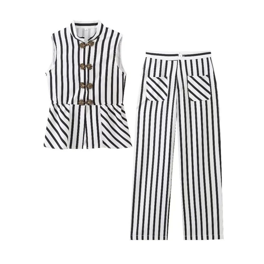 Taop&Za 2024 Summer New Product Women\'s Fashion Style Slimming Round Neck Sleeveless Striped Printed Top High Waist Pants Set