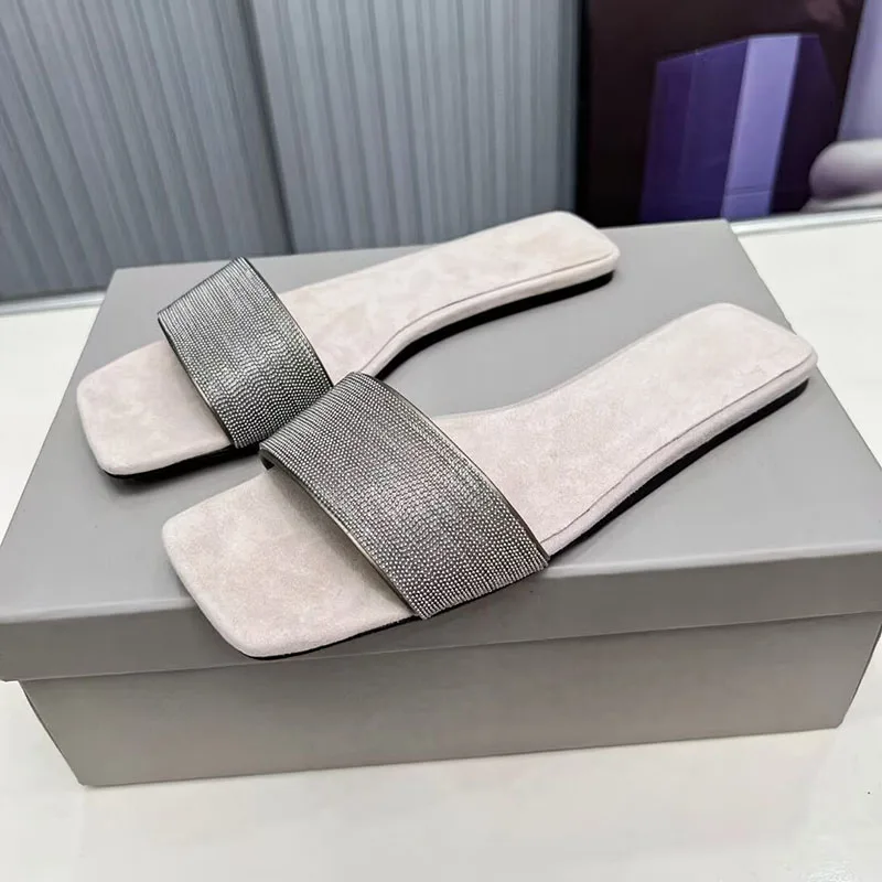 Flat Bottom Square Toe Slippers Women Metal String Bead Decor Lazy Sandals Ladies Summer Lightweight Leisure Vacation Shoes