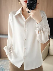 Women's Long sleeved Satin Finish Polo Collar Shirts 2024 Spring Summer Temperament Loose Fit Solid Cardigan Versatile Blouses