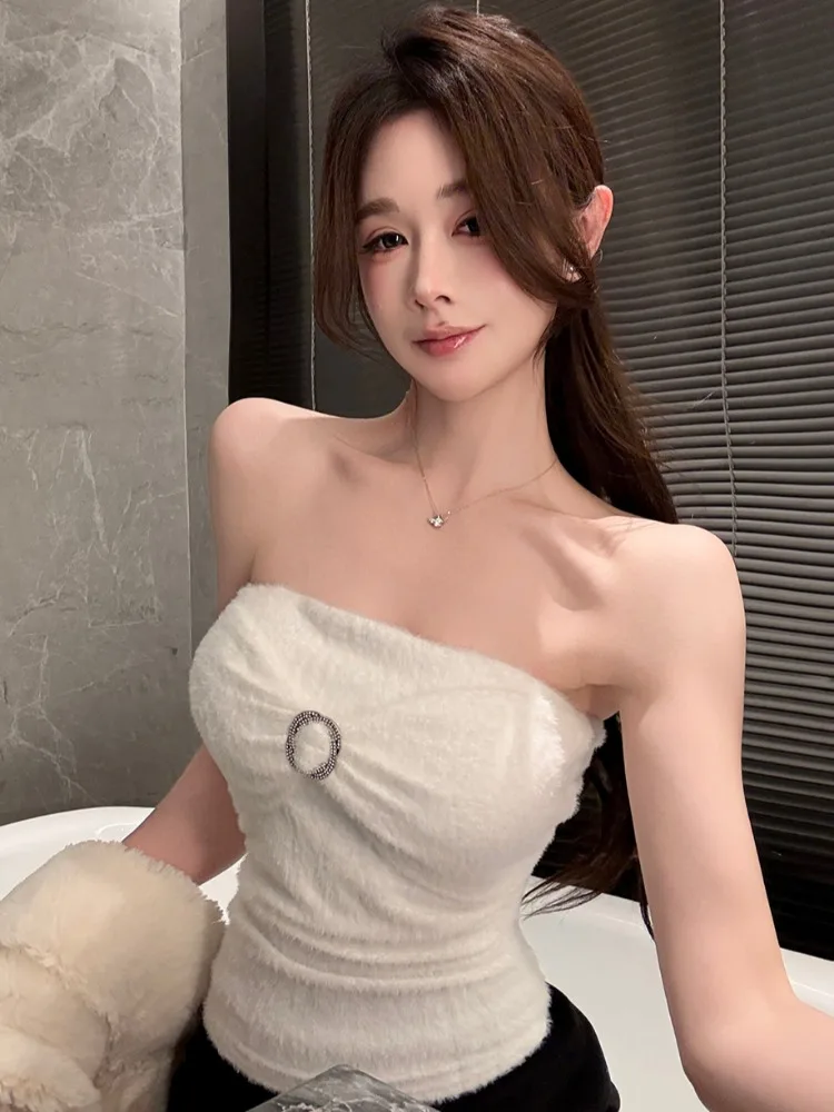 

American Style Pure Color Short Shoulder Inner Wear Hot Girl Autumn Winter Knitted Skin Friendly Breathable Top