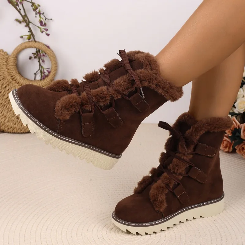 

2025 Fashion Round Toe Flat Sole Comfortable Sexy Cross Tie Warm Winter Women's Shoes Short Tube Casual New Snow Boots