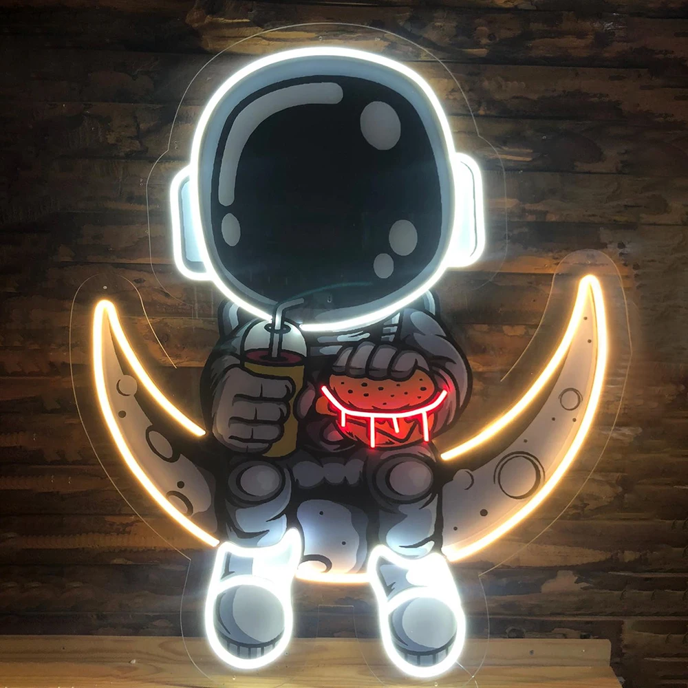 Astronaut Eating Pizza Neon Sign Restaurant Fast Food Shop Wall Decoration Custom Neon Signs for Pizza Store Decor Light Lamp