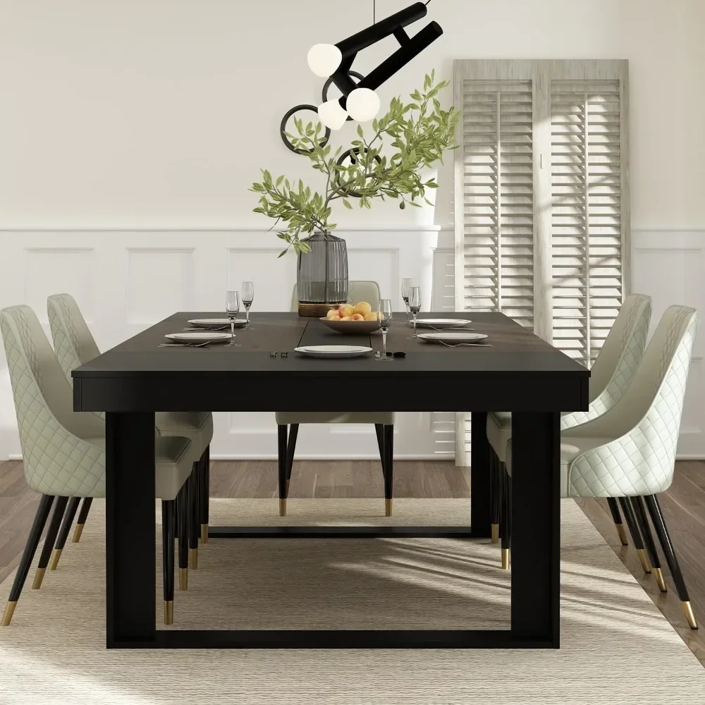 8-10 people, 86.6-inch rectangular wooden dining table with thickened tabletop, brown and black