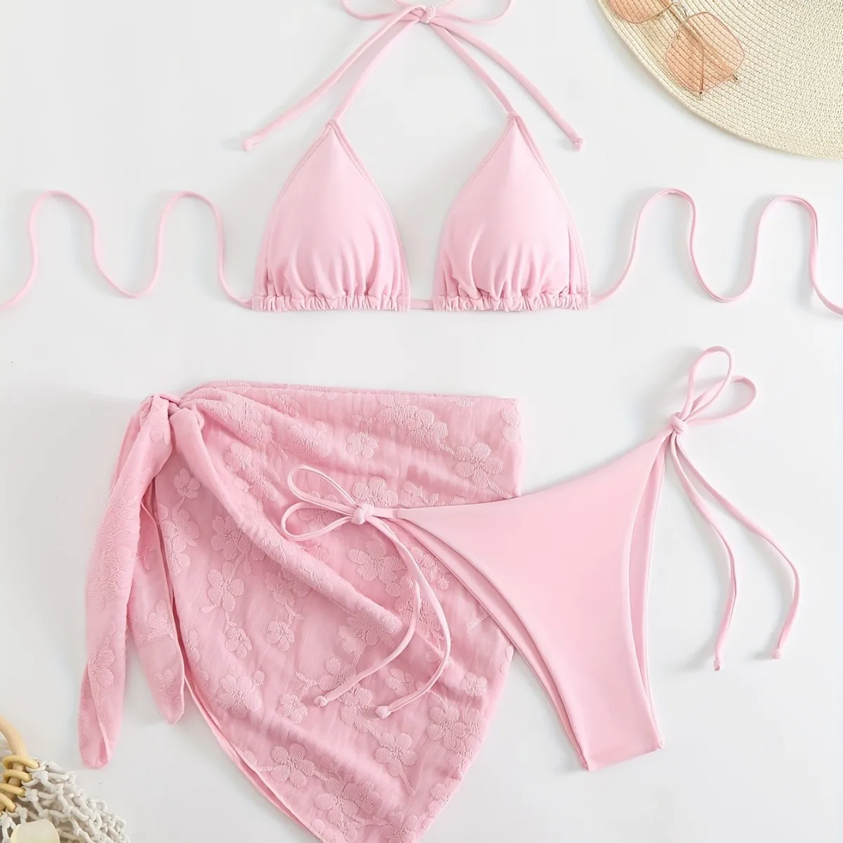 Sexy Solid Color Bandage 3Pcs Triangle Bikinis Set Women Three-Piece Swimwear Beach Swim Wear Bathing Suits Brazilian Bikini