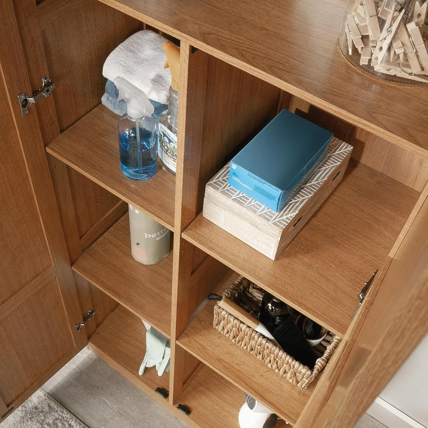 Tall Storage Cabinet, Freestanding Kitchen Pantry Storage Organizer Unit With Four Adjustable Shelves, Multi Purpose Utility Furniture For Laundry Room Home Office Garage, Rustic Highland Oak Color view 5