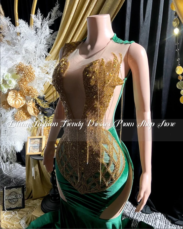 Luxury Hunter Green Mermaid Prom Dress2025 Glitter Gold Diamante Backless Appliqued Black Girl Party Customised מסיבת שמלות