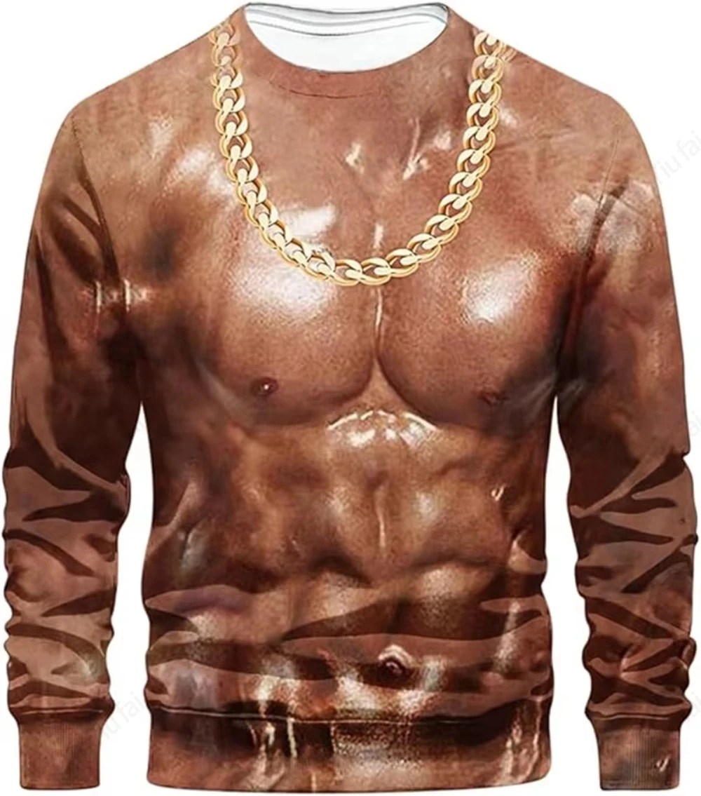 Crewneck Long Sleeve T-shirt 3D Funny Muscle Body Printed T-shirts Slim Oversized T shirt Men Tops Ugly Chest Hair Tops Tees New