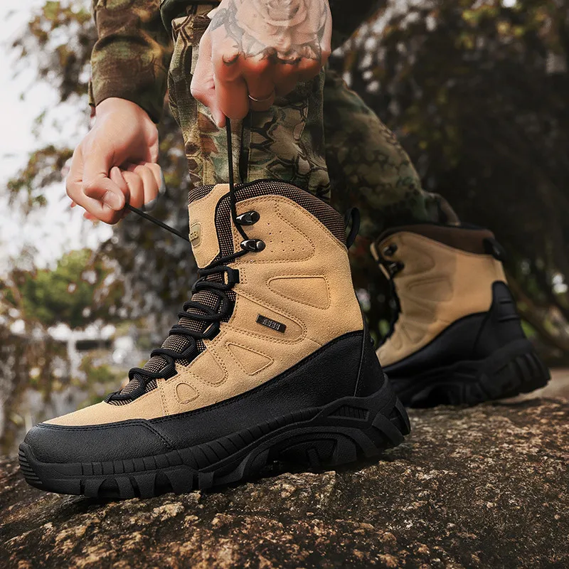 High-Quality Khaki Men\'s Hiking Boots High-Top Platform Trekking Shoes Men Non-Slip Training Outdoor Male Boots botas masculino