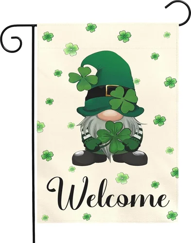 St Patrick’S Day Garden Flag 12X18 Inch Welcome Gnome with Shamrocks Double Side OOV IIC