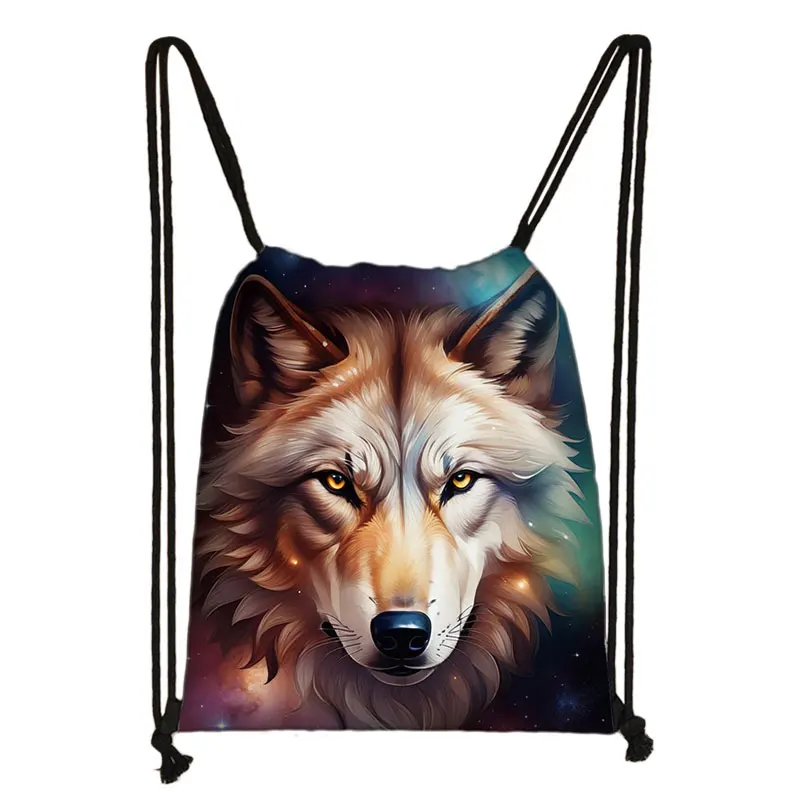 3D Howling Wolf Print borsa con coulisse donna uomo borse a tracolla Casual per viaggio White Wolf Pattern zaino porta scarpe