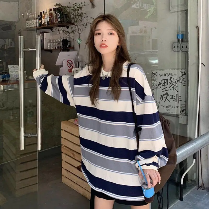 Women Harajuku Pullovers Streetwear Spring Hoodies Striped Oversized Sweatshirt Fashion Couples Matching Long Sleeve Tops