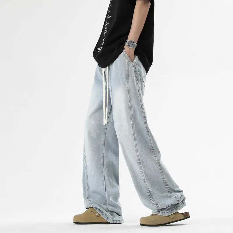 남성용 오버사이즈 워싱 데님 진 봄 가을 캐주얼 팬츠, 하이 스트리트 루즈 스트레이트 와이드 패치워크 팬츠