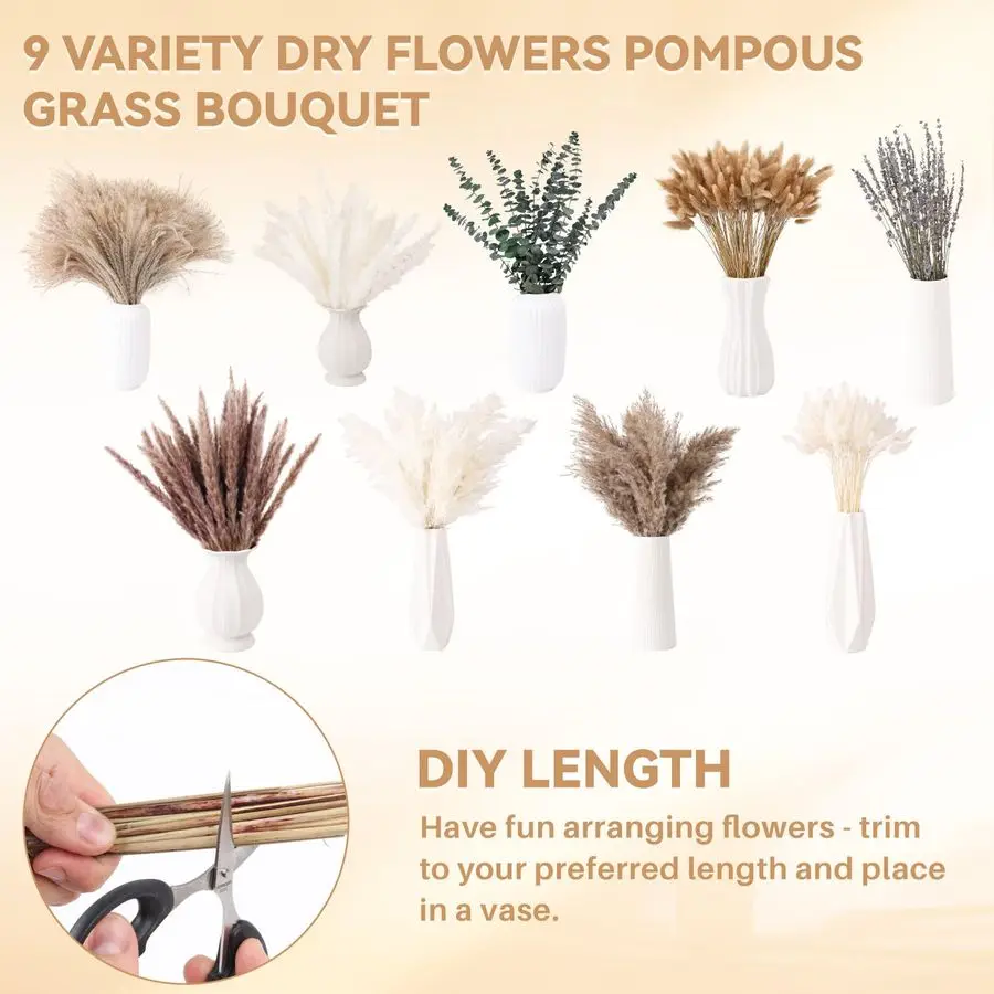 Natural Dried Pampas Grass Decor, 9 Types Dried Flowers for Vase Boho Decor for Living Room, Wedding, Party,Centerpiece Table, H