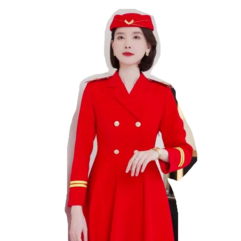 Flight & High-Speed Rail Attendant Uniform Professional Attire Long Sleeve Red Suit Collar Swing Dress Band Performance Costume