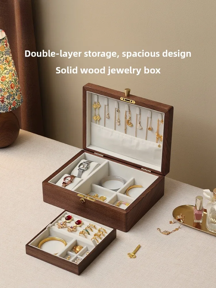 

Шкатулка для украшений Fanhuan из натурального дерева с замком, двухъярусная, для часов, роскошная, золотая, винтажная, в японском стиле