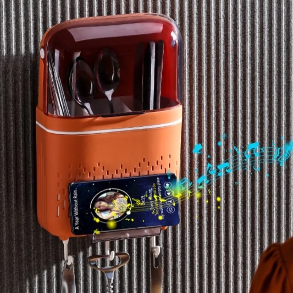 

Wall-Mounted Utensil Organizer Dustproof No Punching Spoon Fork Chopstick Storage Box Flip Top Cutlery Drain Rack with Cover