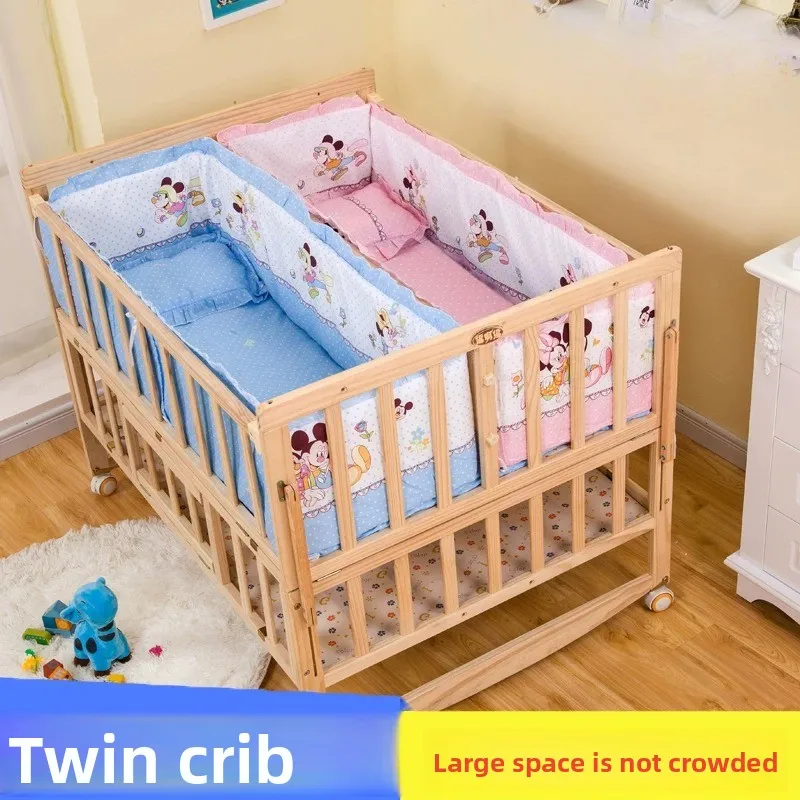 Bewegliches Zwillingsbett, Kombinierbar mit Einem Großen Bett, Massivholz Baby-/Multifunktionales Doppel-Neugeborenen-Wiegenbett