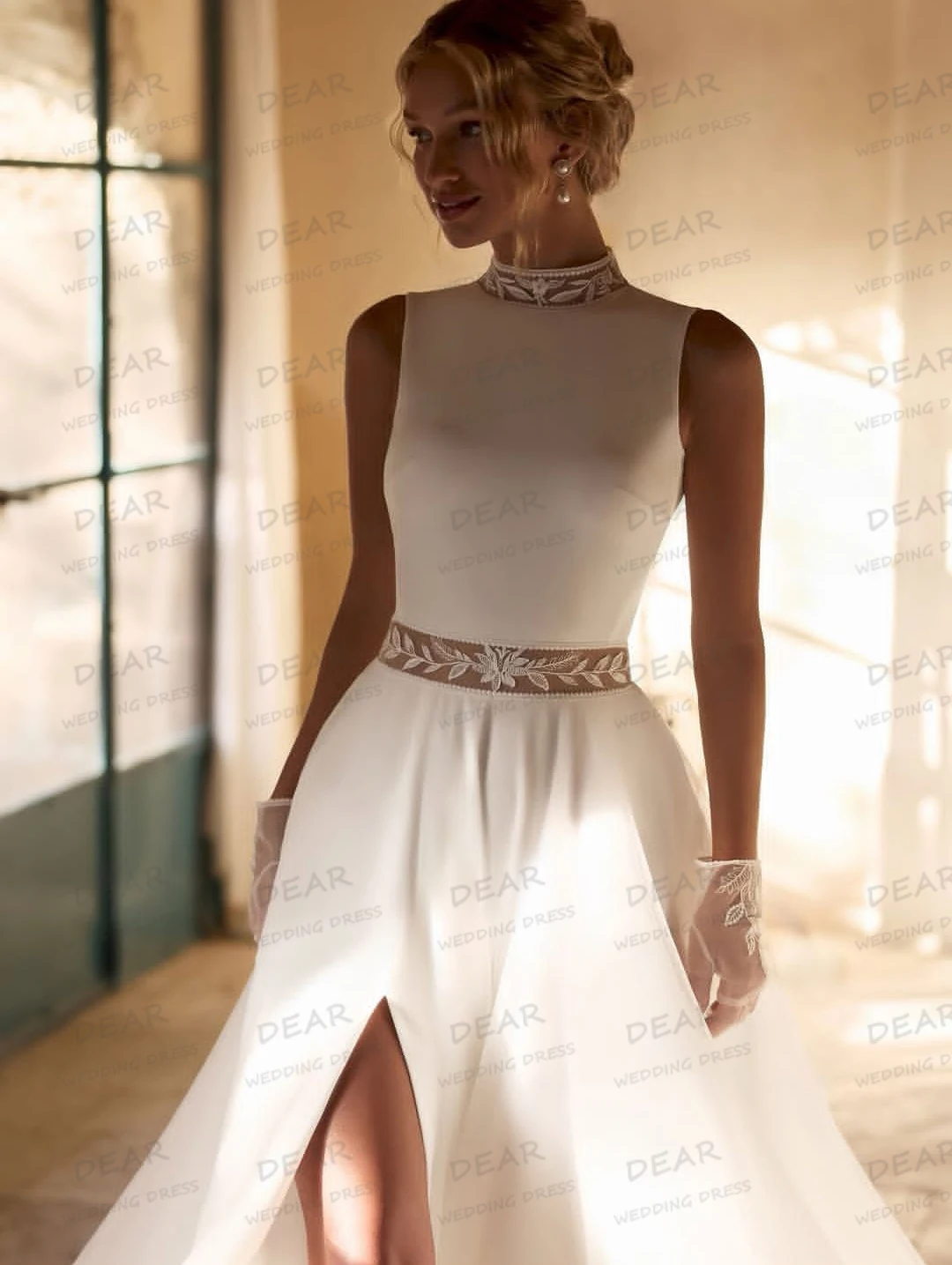 Simple Soft High Neck Wedding Dresses A Line Sweep Train Sexy Women's Bridal Gowns Chiffon Lace Back Vestido De Novia Customized