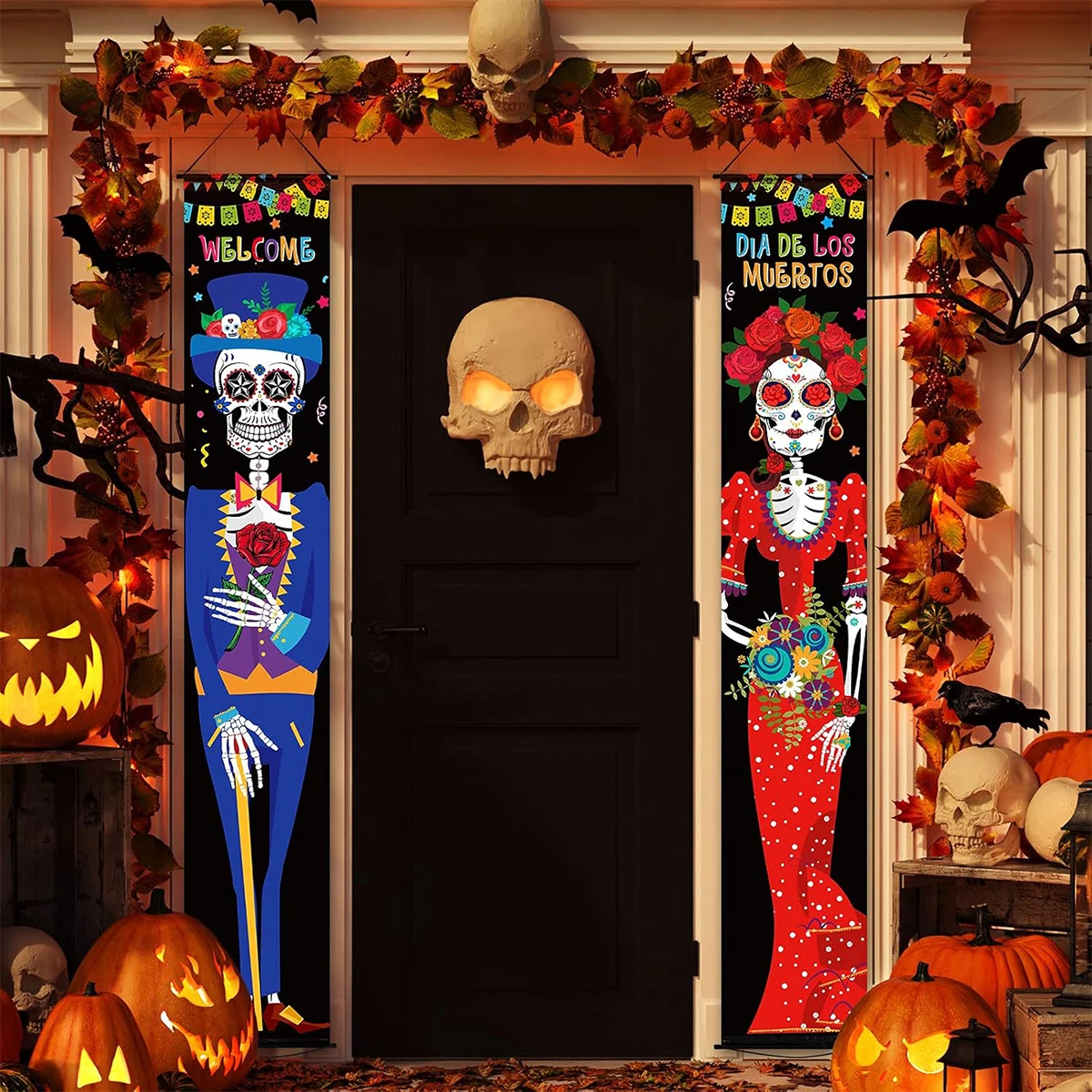 1 Pair Mexican Day of The Dead Hanging Door Banner Porch Sign Day of The Dead Theme Party Decoration For Home 2024 Supplies