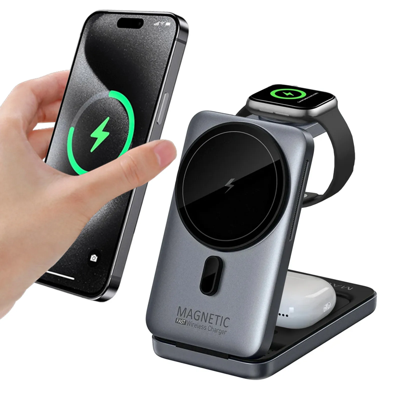 Carregador magnético sem fio 15W Suporte de telefone dobrável para iPhone 17 16 15 14 13 12 e iWatch 9 e Airpods Pro Estação de carregamento rápido