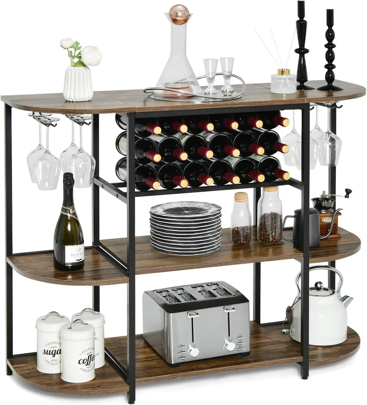

47" Wine Bar Cabinet with 18-Bottle Rack and Glass Holder, Industrial Storage Shelf for Kitchen Dining Room, Brown