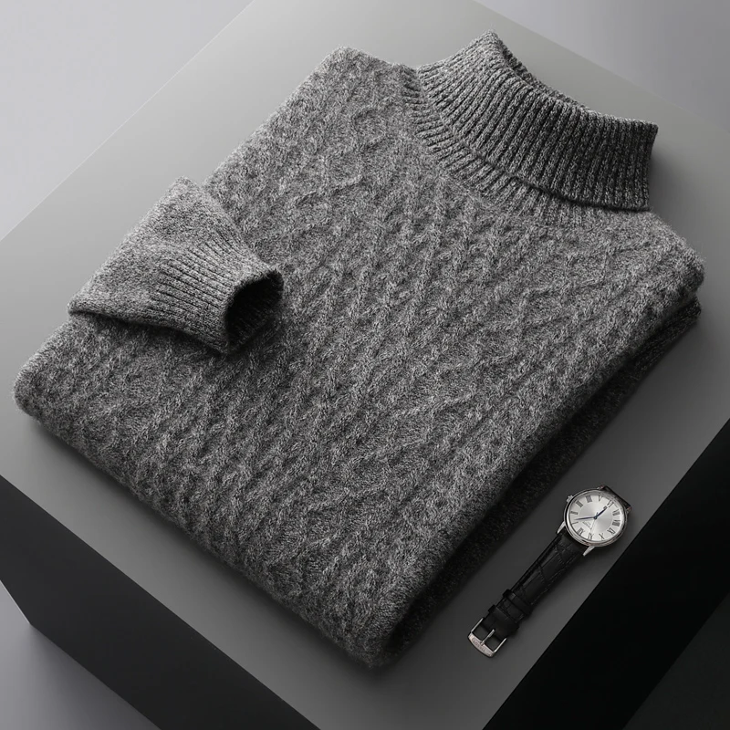 New autumn and winter 100% merino wool men\'s high-necked double-stranded thick jacquard pullover sweater knitted bottoming shirt