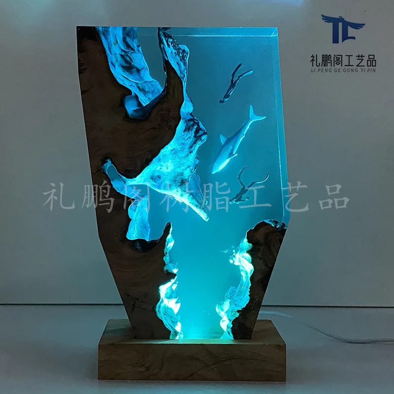 

Shark Diver Resin Night Light, Ocean Themed Wood Base Decor, Christmas Birthday Gift for Home
