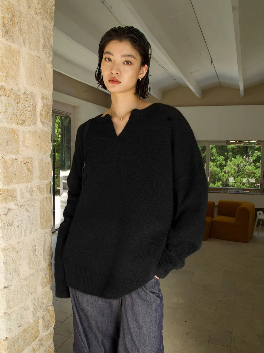 

Loose Knitted Wool Sweater Overhead Lazy Style Slimming Top Initial Autumn New Style Commute Style V-neck Mid-length Sleeve