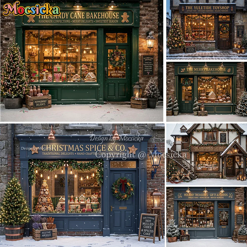 Mocsicka Christmas Gifts Shop Backdrop Photography Gingerbread Candy Cane Bakehouse Store Front Background Winter Family Photo view 4