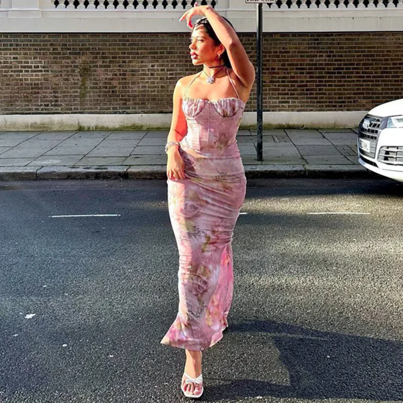 

Ladies Summer Floral Print New Fashion Evening Party Corset Dress Women Sleeveless Backless Halter Maxi Dresses Clubwear Outfit