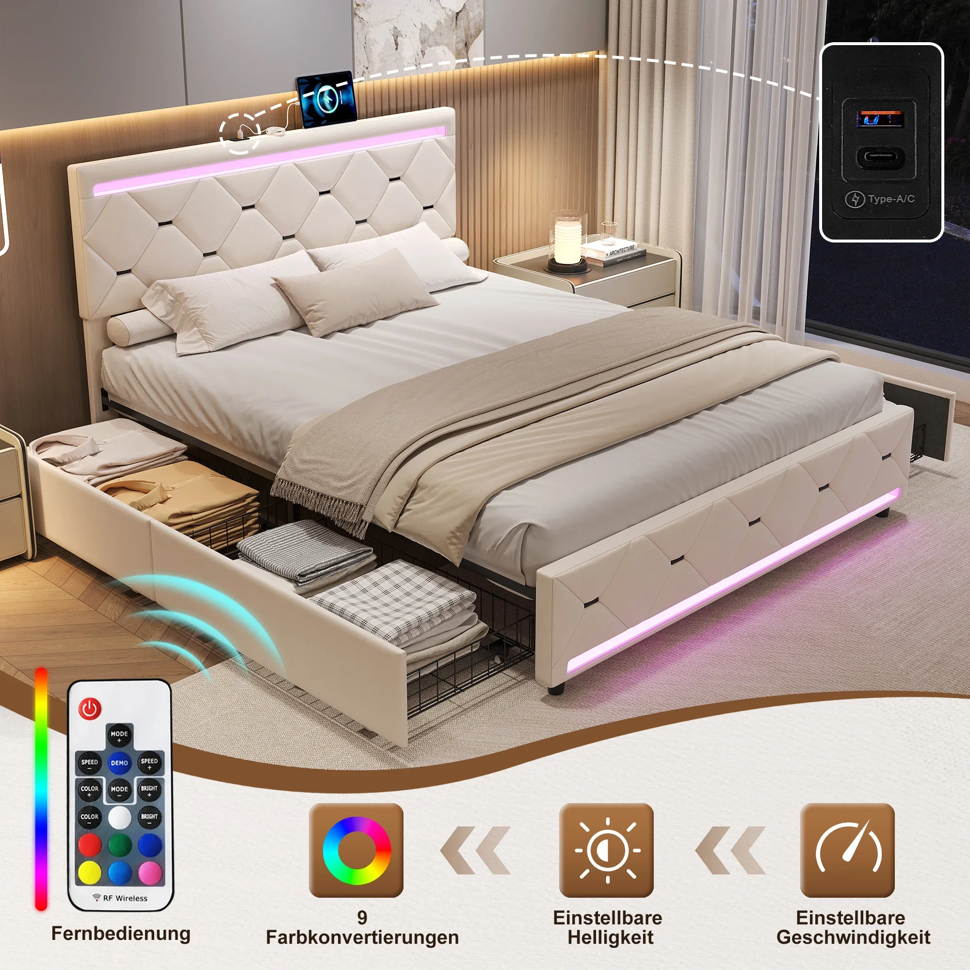 Fangange gestoffeerd bed met opbergruimte, USB-oplaadfunctie, LED-hoofdbord en 4 laden, tweepersoons bedframe