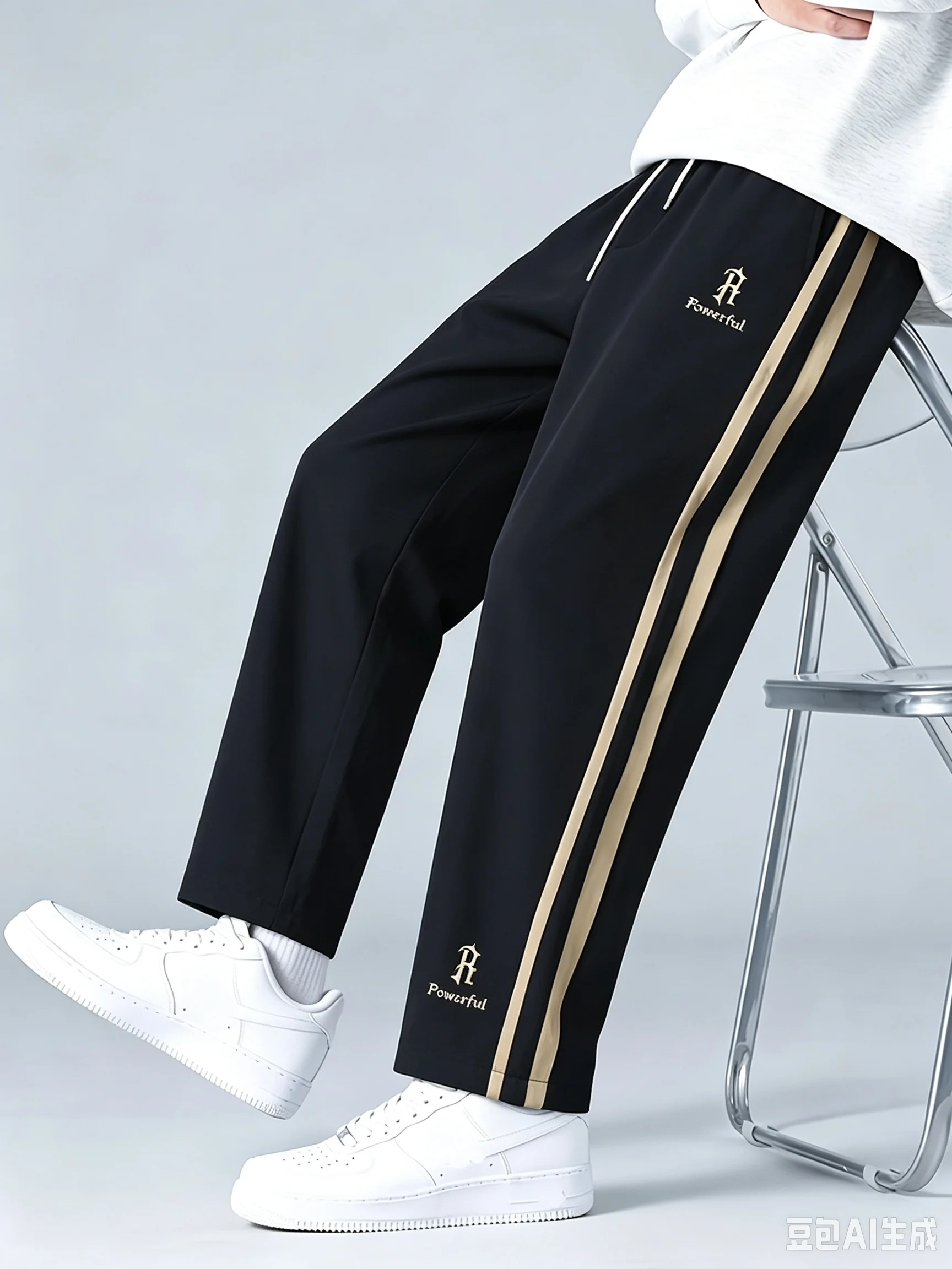 Vintage Sporty Men Straight Sweatpants Grey Side Contrast Gold Stripe Detail Drawstring Waist Casual Athletic Track Pants Kids