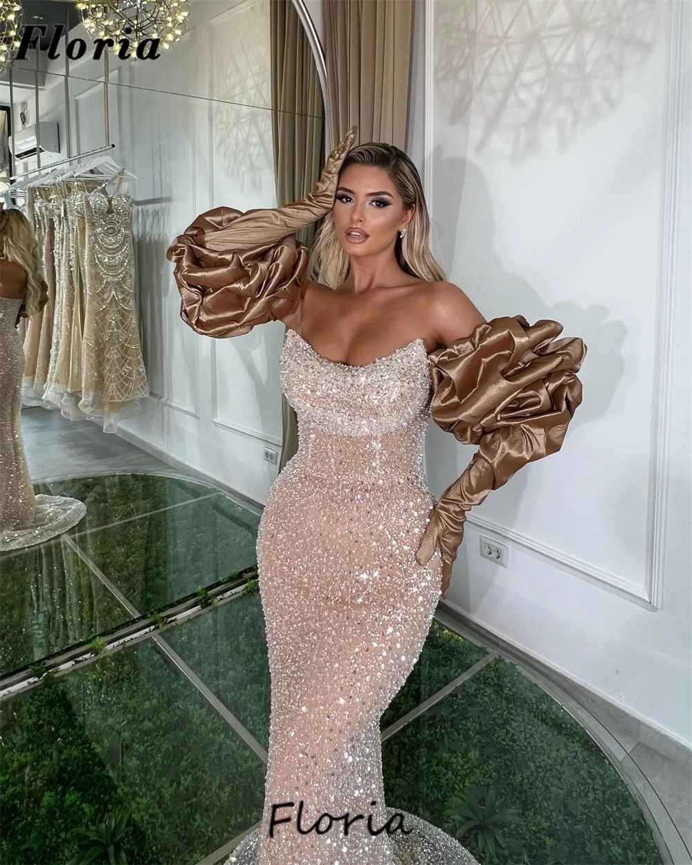 Crystals Mermaid Prom Dresses Customize Sequins Beading Formal Evening Dresses With Gloves Arabic Wedding Party Gowns Robes 2024