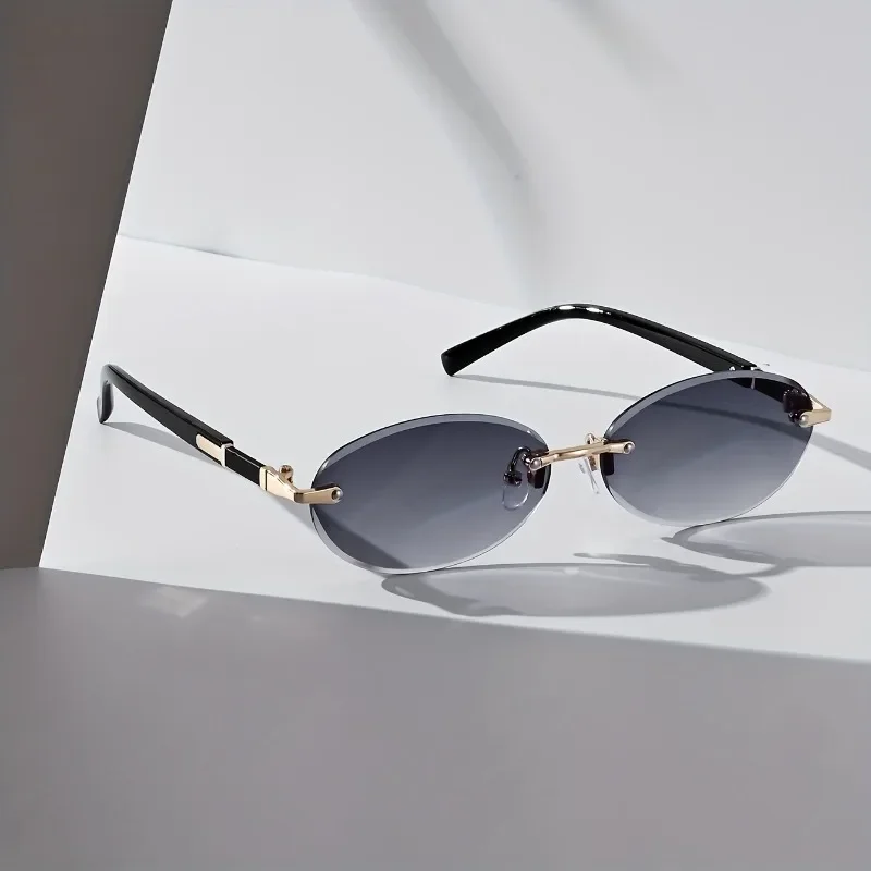 Vintage-Inspired Oval Frameless Fashion Glasses for Men Women Metal Frame Tone Accents Multiple Sunglasses Colors Available