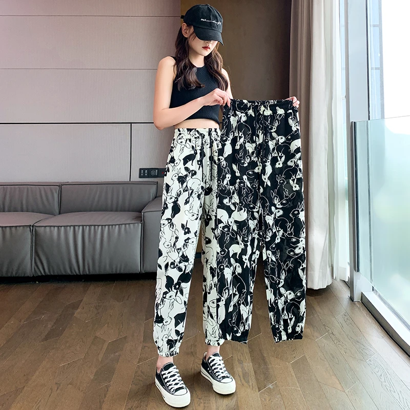 2023 neue Sommer koreanischen Stil Frauen lässig locker sitzen Chiffon knöchel lange Hose elastische Taille Cartoon Print Harems hose v418