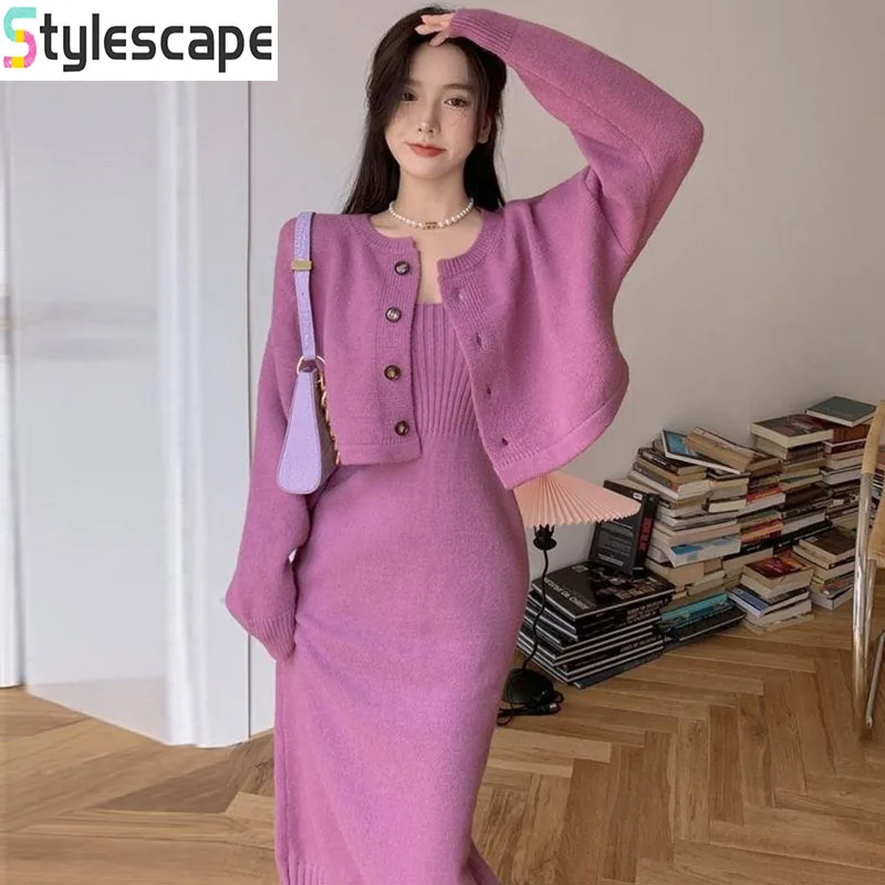 

Корейская версия: куртка + трикотажное платье из двух частей на подтяжках для женщин, осенне-зимнее однотонное шерстяное платье с длинными рукавами