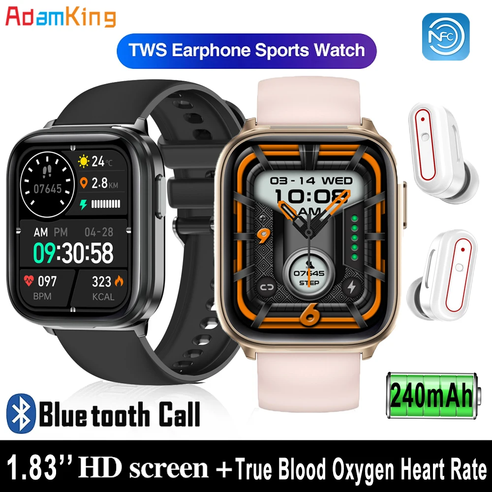 

2 In 1 TWS Blue Tooth Headset Smart Watch Sports Waterproof Music Headphone Watches Heart Rate Health NFC Earphone Smartwatch