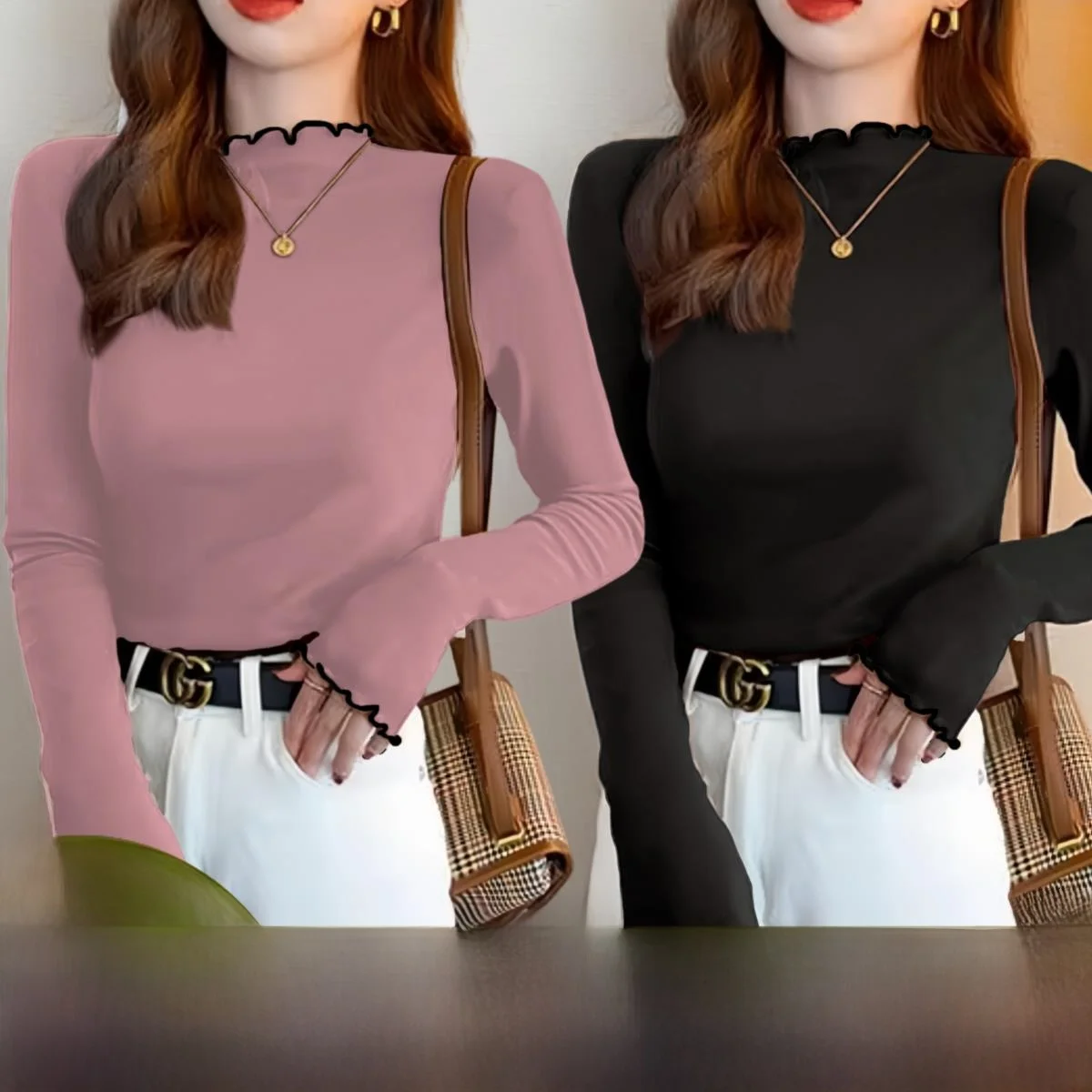 Women's Slim Fit Long Sleeve T-Shirt Half High Collar Design Sensation Patchwork Color Wooden  Long Sleeve Base Shirt