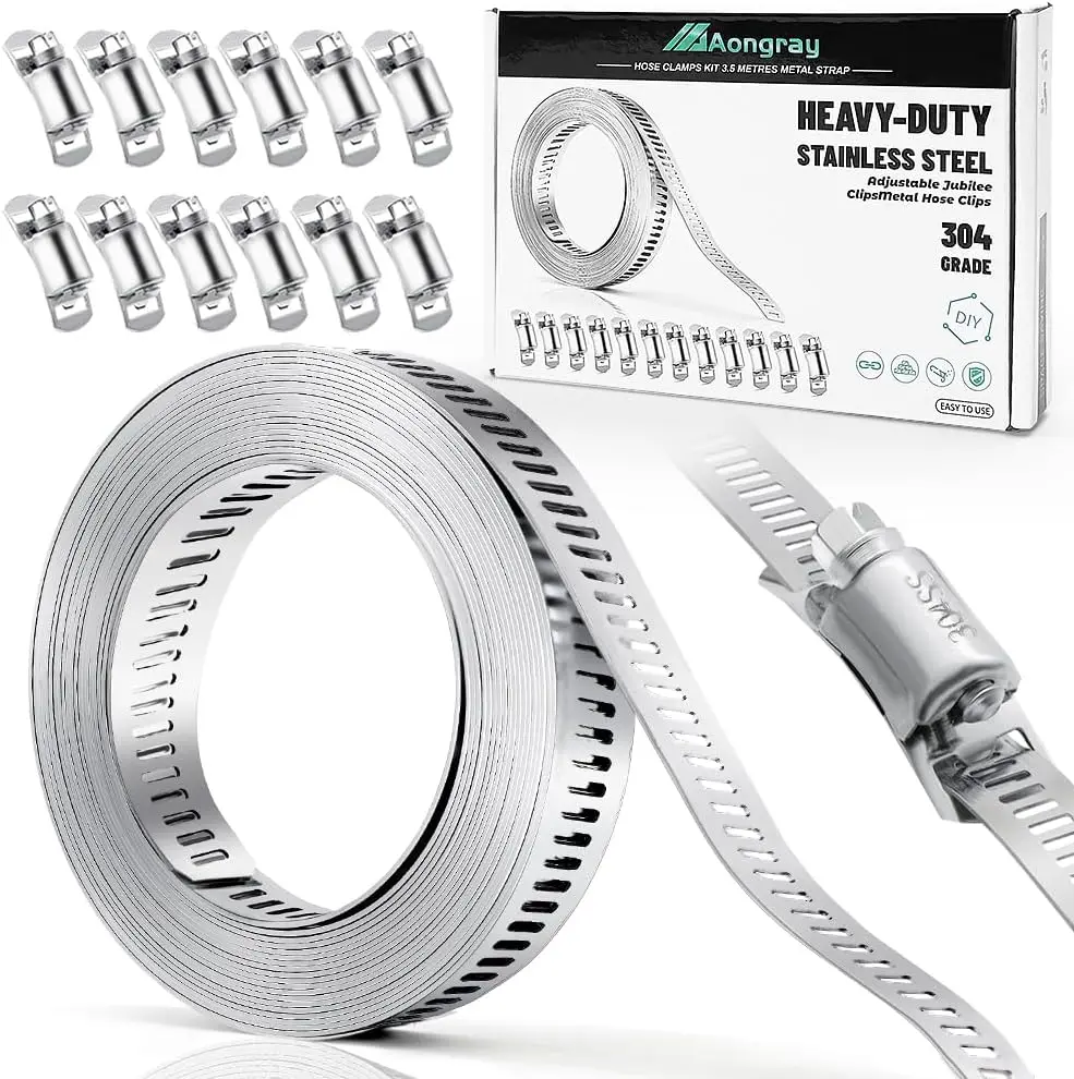 304 Edelstahl Schlauchschellen-Sortiment-Kit zum Selbermachen, zuschneidbar, 30 m Metallband + 12 stärkere Befestigungselemente, großes verstellbares Schneckengetriebe