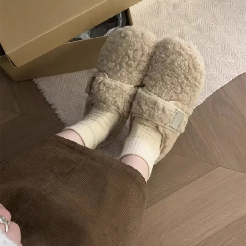2025 Winter Vintage Cute Women's Plush Fur Shoes | Hook & Loop Flats with Fleece Lining for Warmth | Non-Slip Casual Shoes