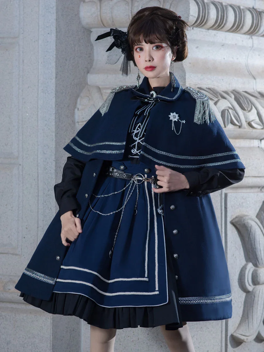 

Gothic Lolita The Fight of Peace ~ Military Uniform Cool Lolita Coat Deep Navy Crewneck Polyester Lolita Cape by YLF