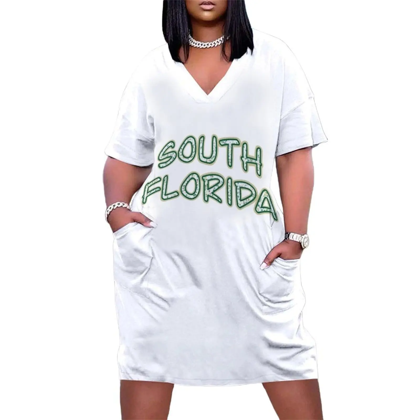 

University Of South Florida- White Loose Pocket Dress elegant chic women dresses promotion Party dresses for women