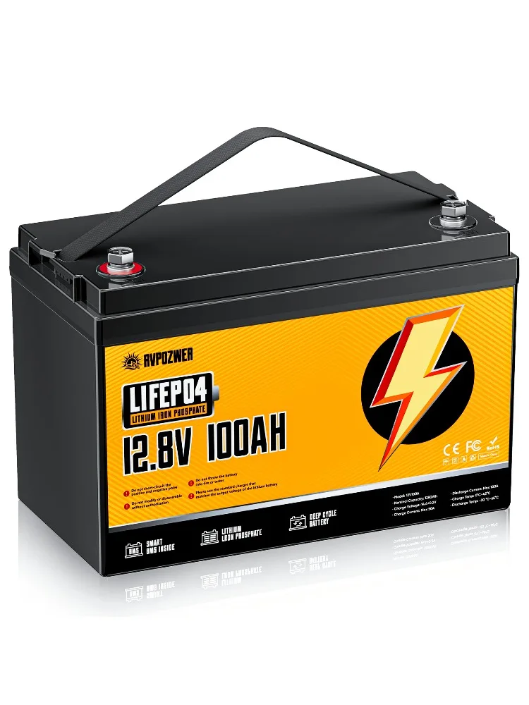 RVPOZWER 12V Lithium-Batterie 100Ah Nennkapazität LiFePO4 1280Wh Akku 100A BMS Solar Tragbare Wiederaufladbare Batterie 25000 Zyklen
