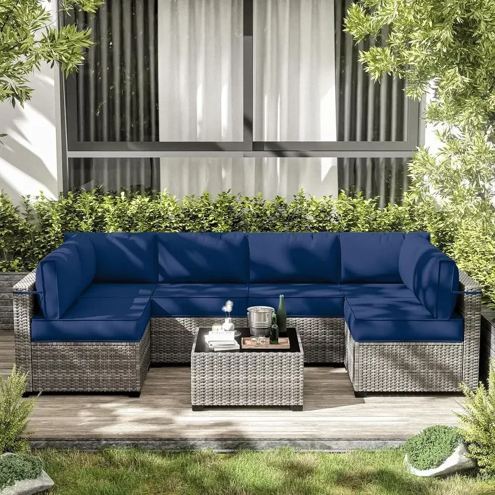 14-Piece High-Density Water-Resistant Outdoor Chair Cushions for Deep Seat or 6-Seat Sectional Sets in Blue